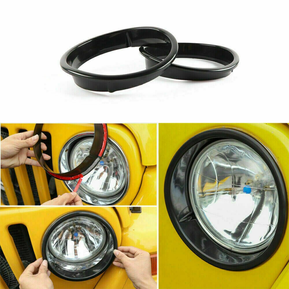 2x Exterior Black Front Headlight ABS Trim Covers 1997-2006 for Jeep Wrangler TJ