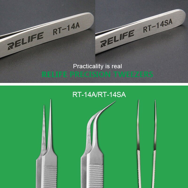 Relife-Pinzas RT-14A para reparación de teléfonos móviles, pinzas antiestáticas antideslizantes de alta dureza, punta fina de precisión, reparación de chips, RT-14SA