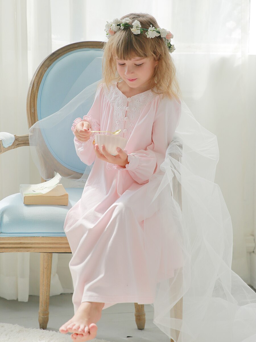 Enfants fille Lolita robe princesse chemises de nuit Vintage brodé col en v chemises de nuit. Enfants Royal chemise de nuit vêtements de nuit de salon: Pink / M Height 105-115cm