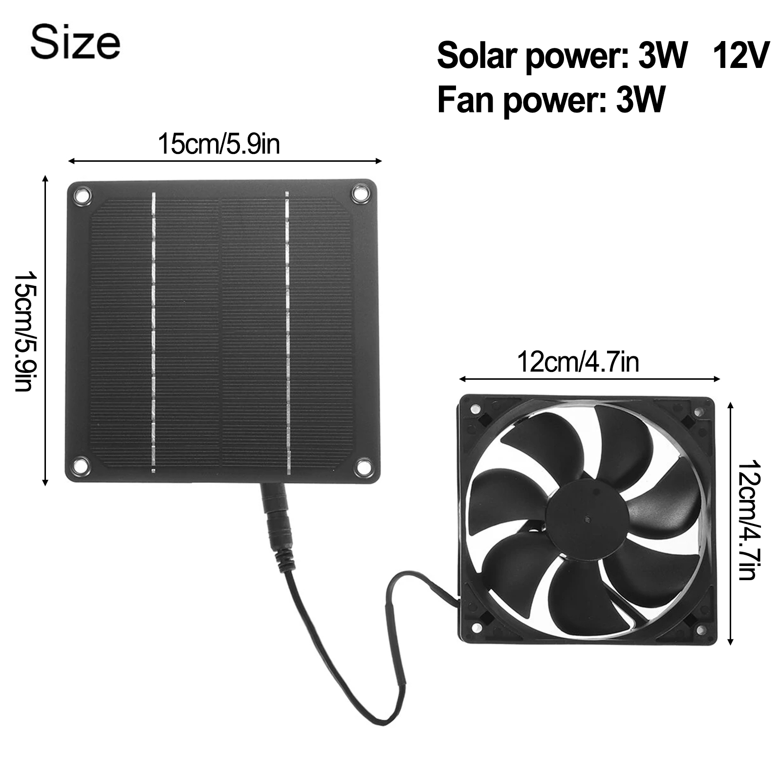 3W 12V Solar Exhaust Fan - Solar Panel Powered - Air Extractor Ventilator for RV, Greenhouse, Farm