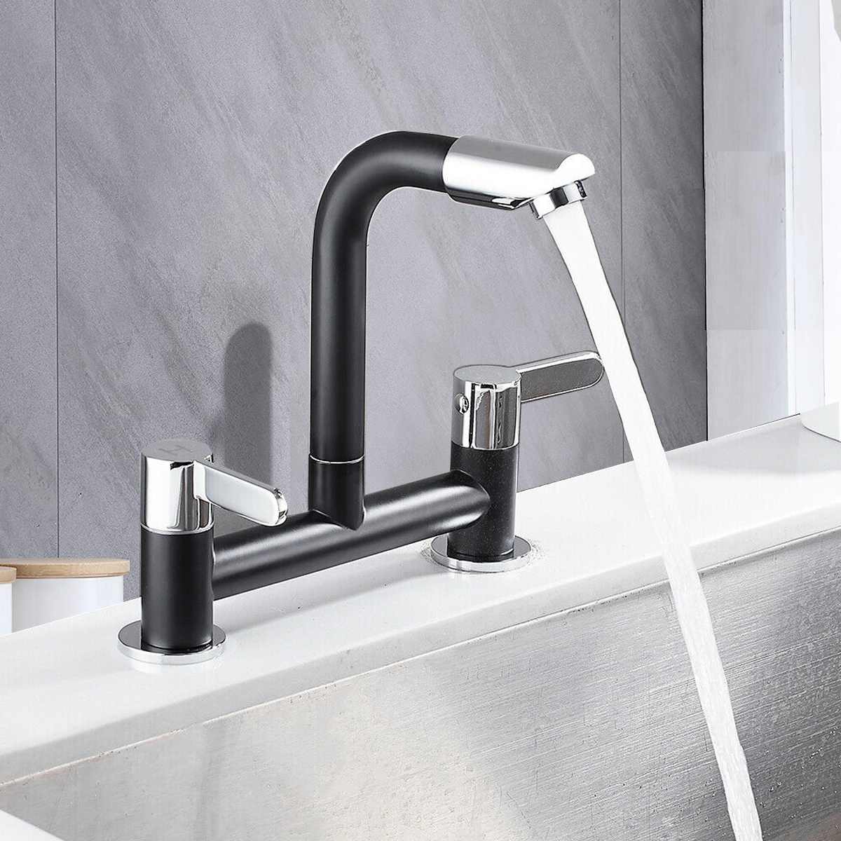 Zwarte Moderne Keuken Badkamer Basin Sink Mix Tap Bad Dual Handles Badrandcombinaties Basin Sink Mengkraan