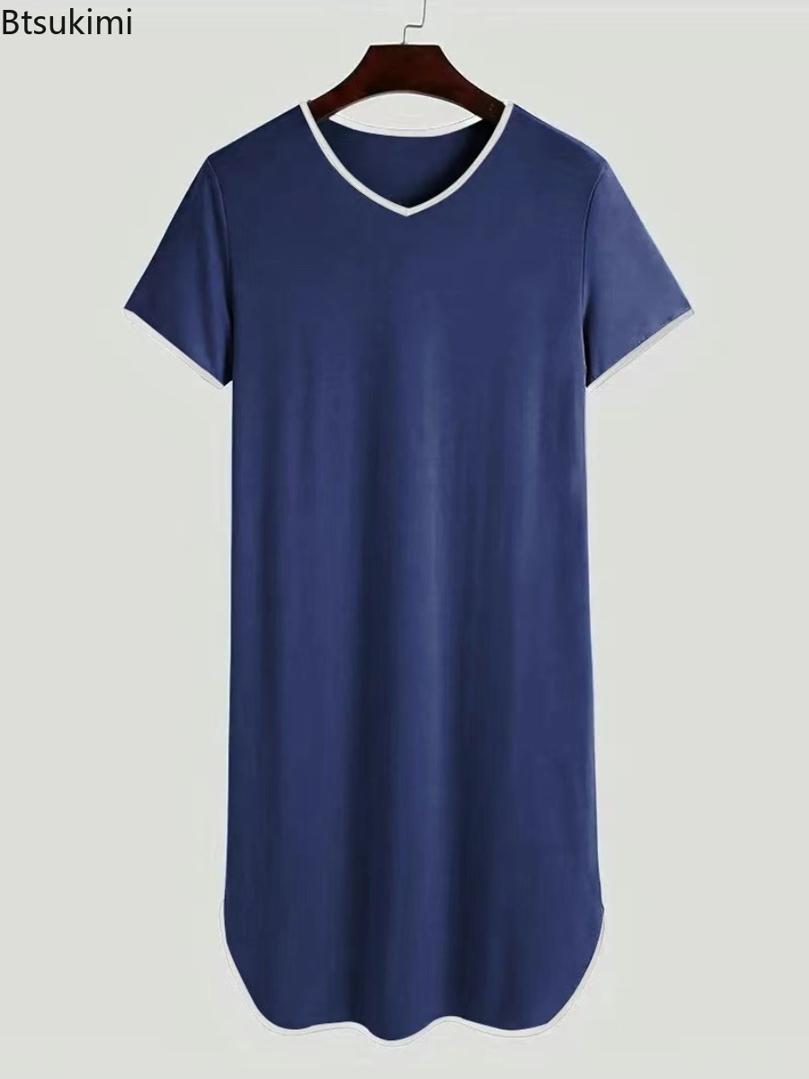 Men's Short-sleeved Lengthened Pajama Robes Loose Skin Friendly Casual Home Clothes Simple Vintage Bathrobe Men Nightgown