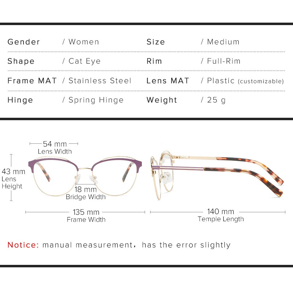 Stainless Steel Cat Eye Glasses Frame Women Optical Prescription Eyeglasses Frame Ladies Myopia Brand Spectacles Female