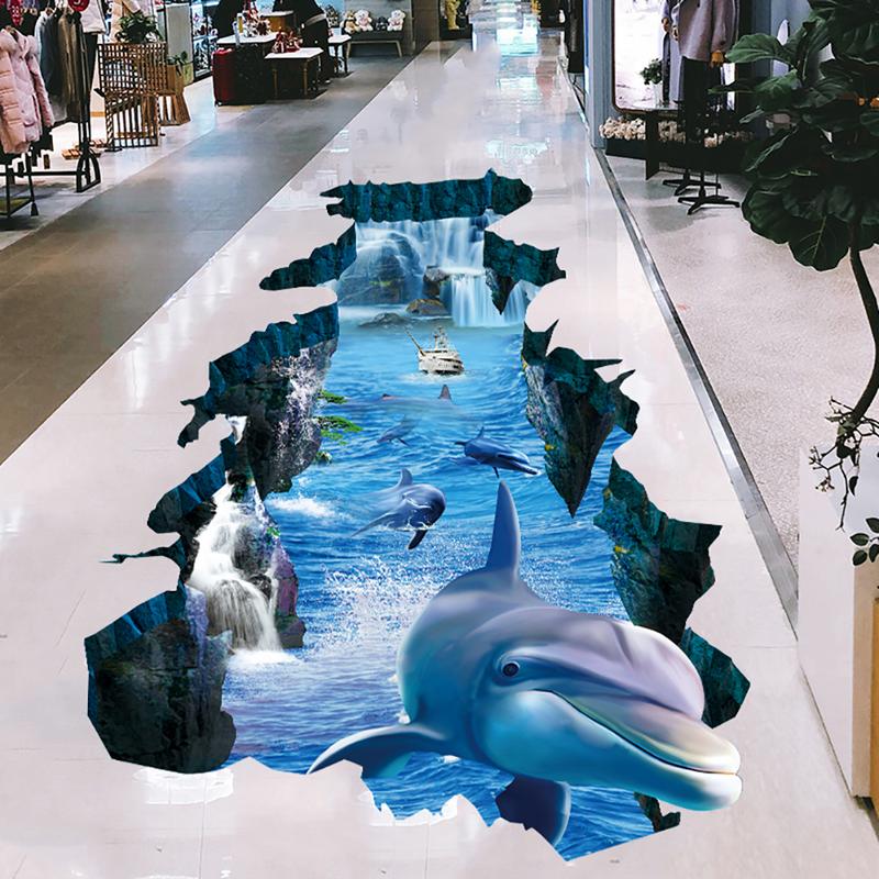 3D Muurstickers Dolfijn Gebroken Muur Aquarium Oceaan Muurstickers Voor Kinderen Kamers Badkamer Keuken Home Decor Cartoon