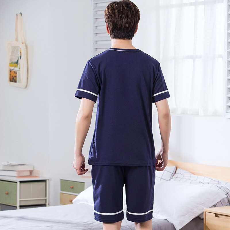 Pyjama Männer 4XL Sommer Dunkelblau Freizeit Zeit verlieren Reine Baumwolle Kurzarm kurze Hose Jugendliche Routine Hause Tragen Einrichtung Dienen