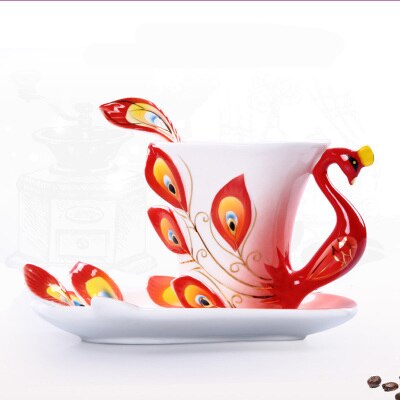 Ensemble de tasses à café paon en porcelaine émaillé 3D, artisanal à la main, avec soucoupe et cuillère, en céramique, tasse à thé et à eau: 230ml / Rouge