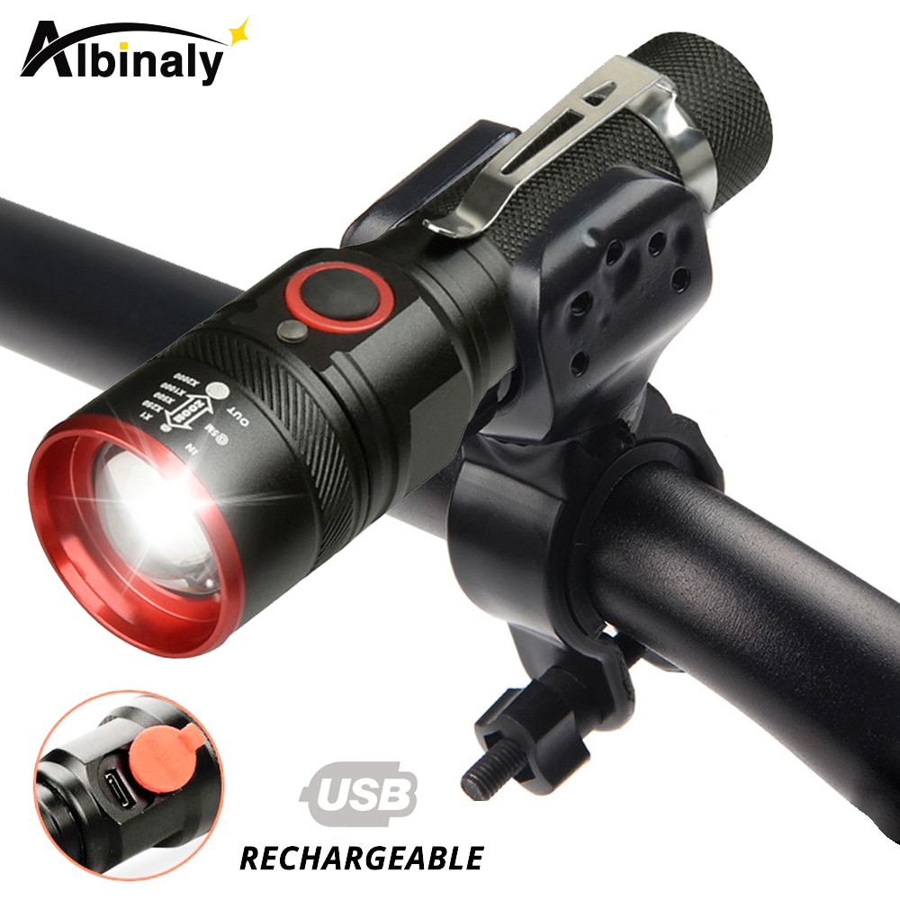 USB Charging LED Bicycle Light 3 Lighting Mode Zoomable Waterproof Portable Torch Powered By 18650 Battery with Free USB Cable