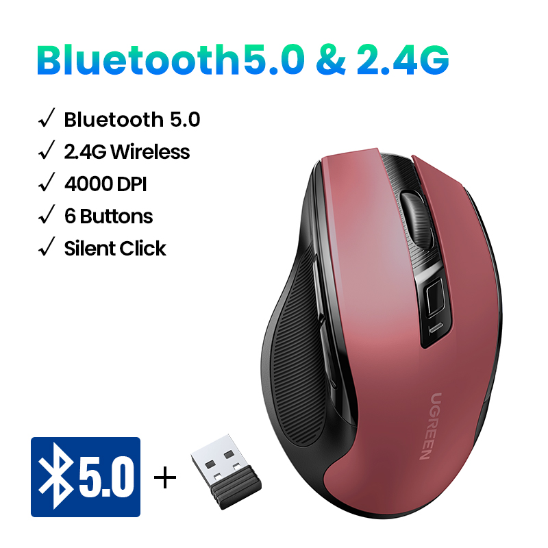 UGREEN Wireless Mouse Bluetooth5.0 Mouse Ergonomic 4000DPI 6 Mute Buttons Mouse For MacBook Tablet Laptops Computer PC 2.4G Mice: black