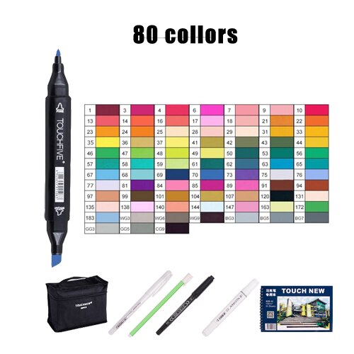 Touchcinco marcadores para desenho 12/24/30/40/60/80/168 cores ponta de escova dupla marcador de arte profissional de álcool anima: 80 Colors black
