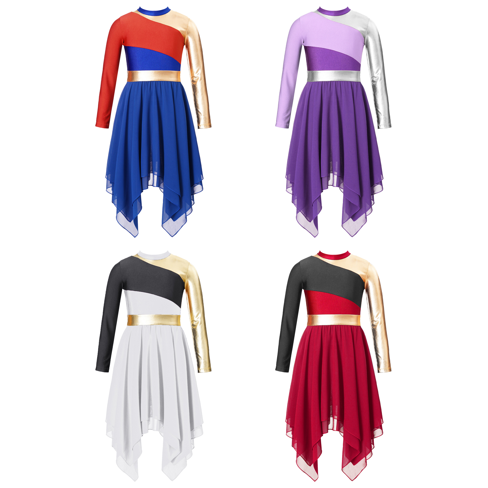 Kids Girls Praise Lyrical Dance Dress Ballroom Dancing Church Choir Worship Costume Long Sleeve Contrast Chiffon Dress Dancewear