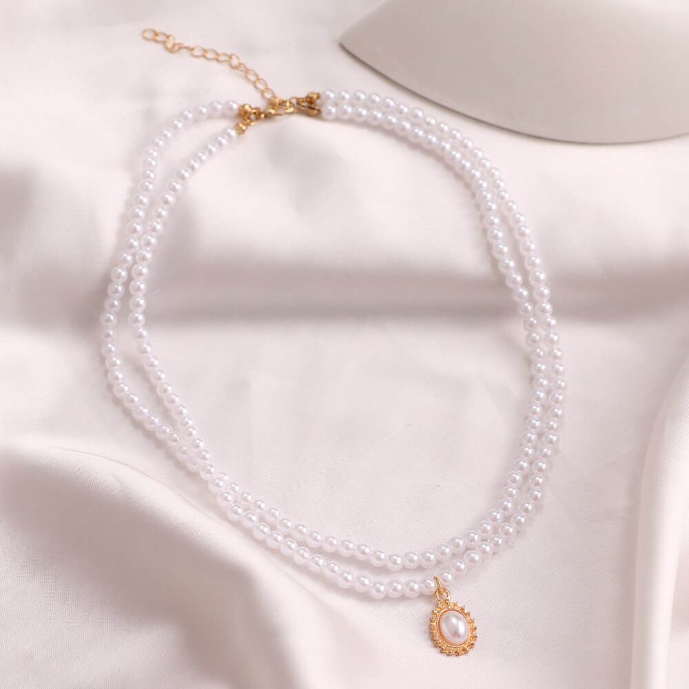 Mode Dubbele Parel Choker Ketting Voor Vrouwen Koreaanse Imitatie Parel Hanger Korte Ketting Trend Choker Sieraden Чокер