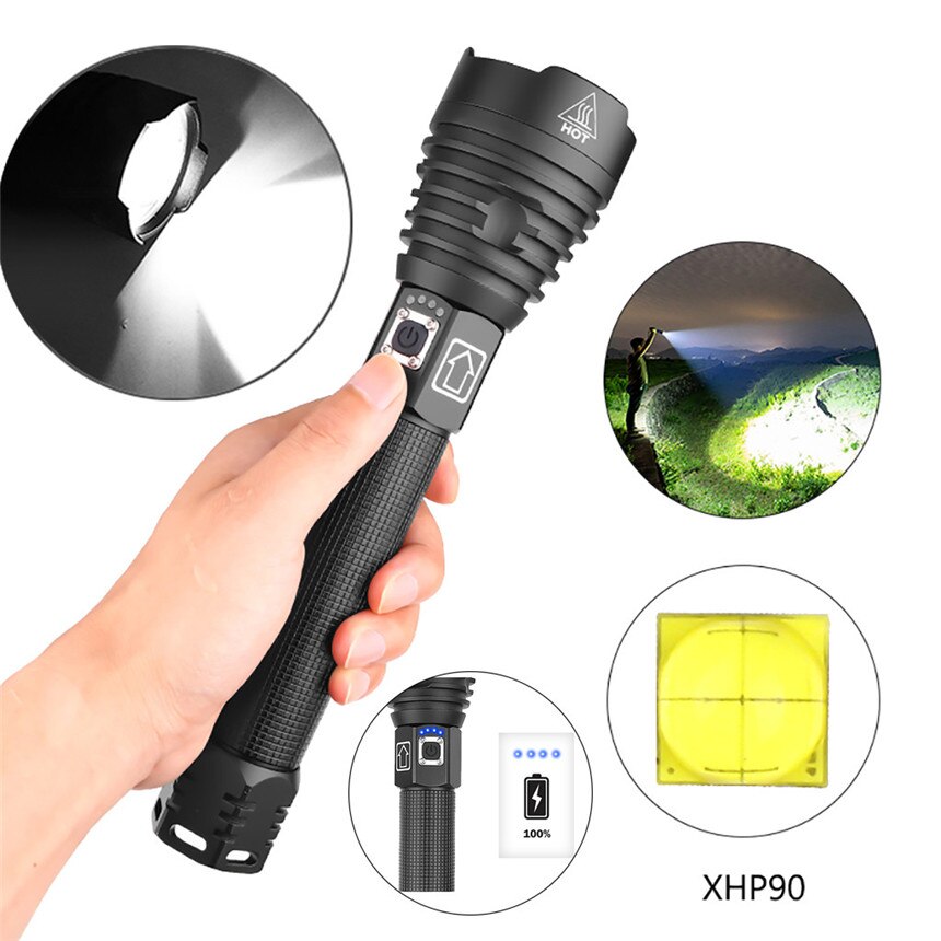 Aluminum Alloy XHP90 Powerful Led Flashlight USB Charging Power Display 2500LM Outdoor Night Flashlight