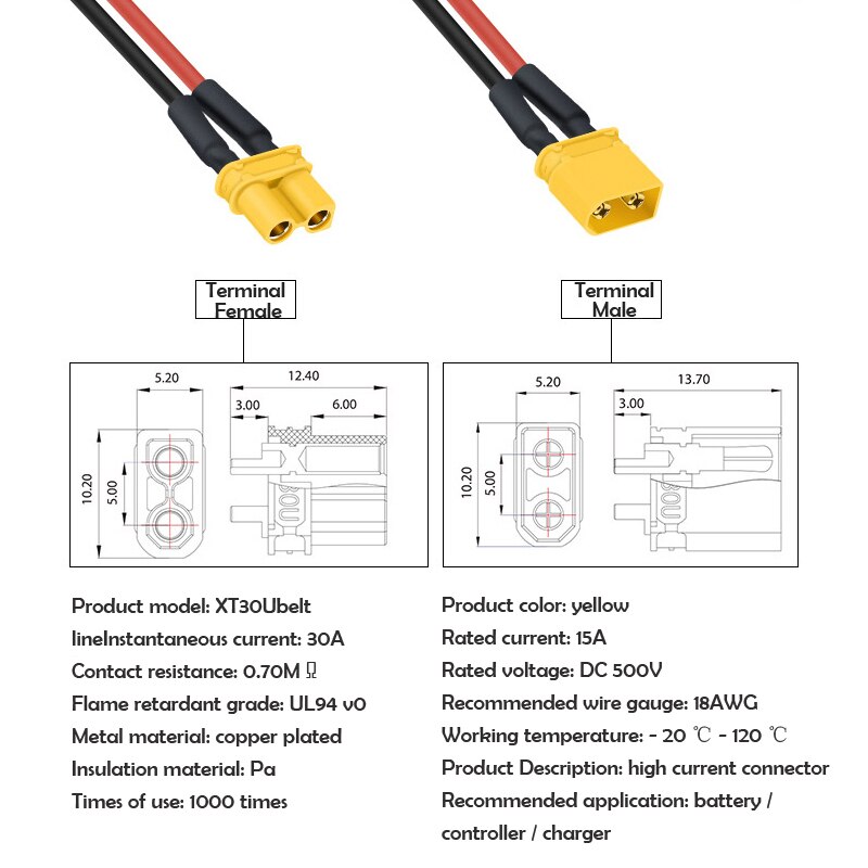 XT60PW 30U 90 Battery Male and Female Connector Plug with 150mm Wire High Current Connector for Battery Pack Aircraft Model