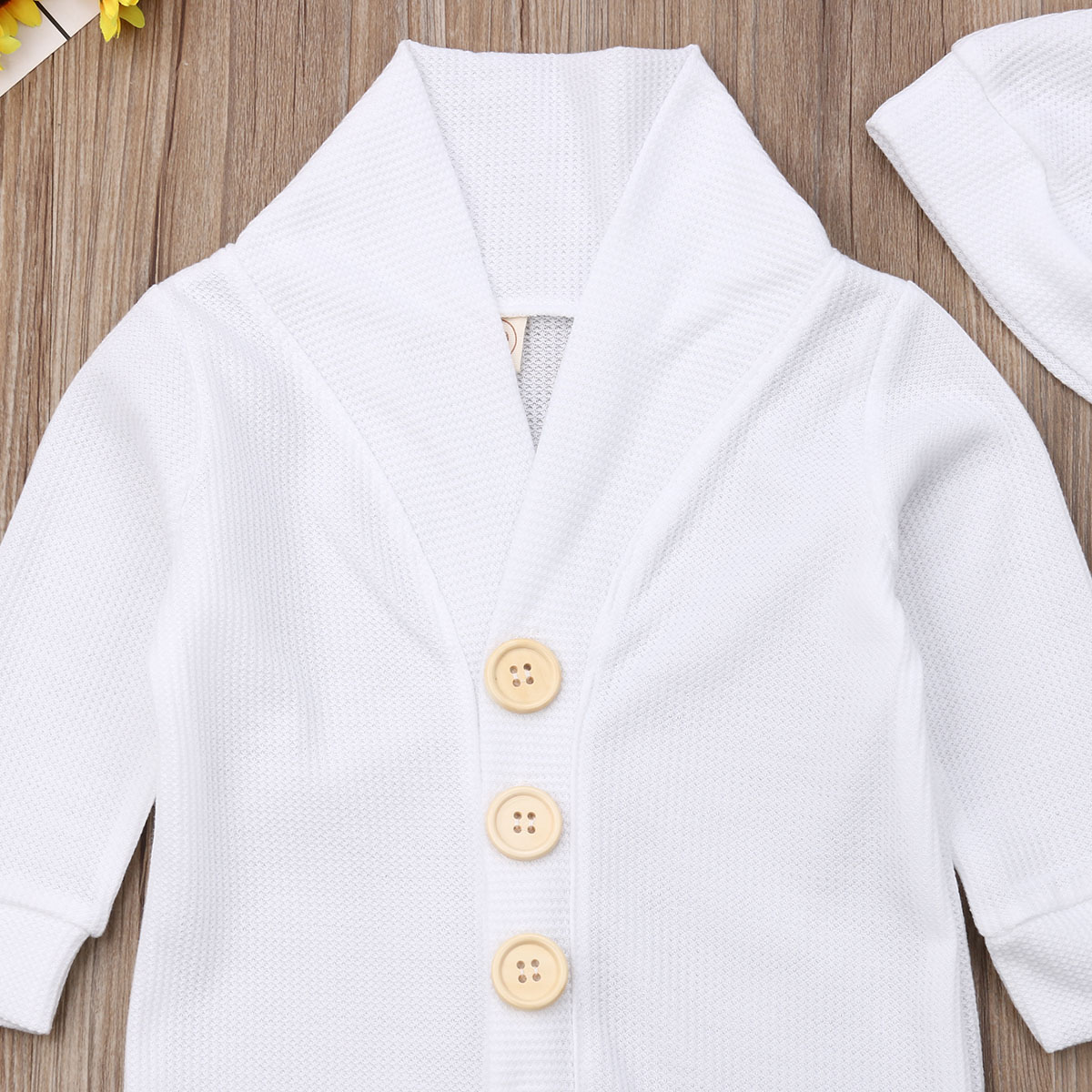 Baby Autumn Winter Clothing 0-18M Infant Baby Kid Boy Girl Knitted Romper Hat 2pcs Button White Single Breasted Jumpsuits