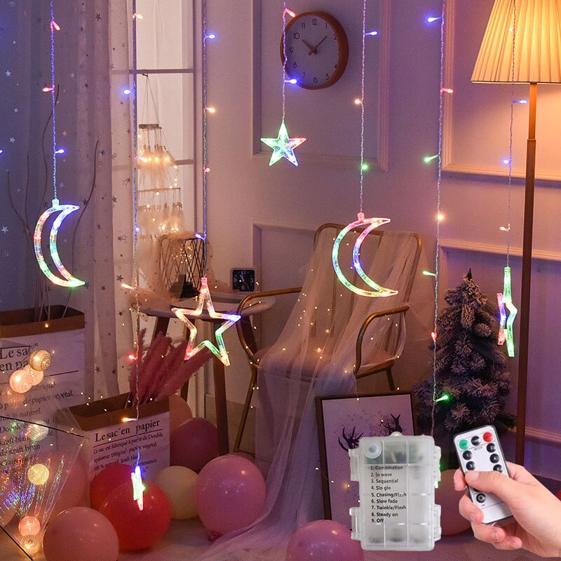 Batteridrevet ledet stjerne måne fe gardin streng lys jul krans udendørs til hjem bryllupsfest haven vindue indretning: Flerfarvet