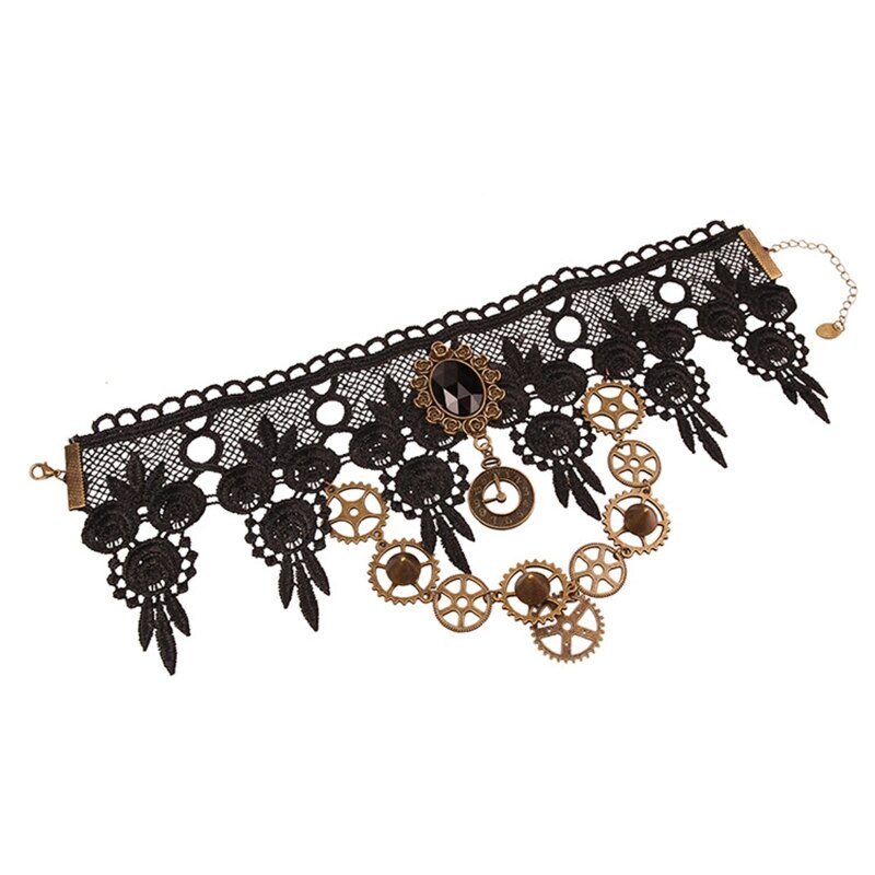 Choker Ketting Voor Steampunk Halloween Punk Kostuum Party Retro Gear Klok H8WF