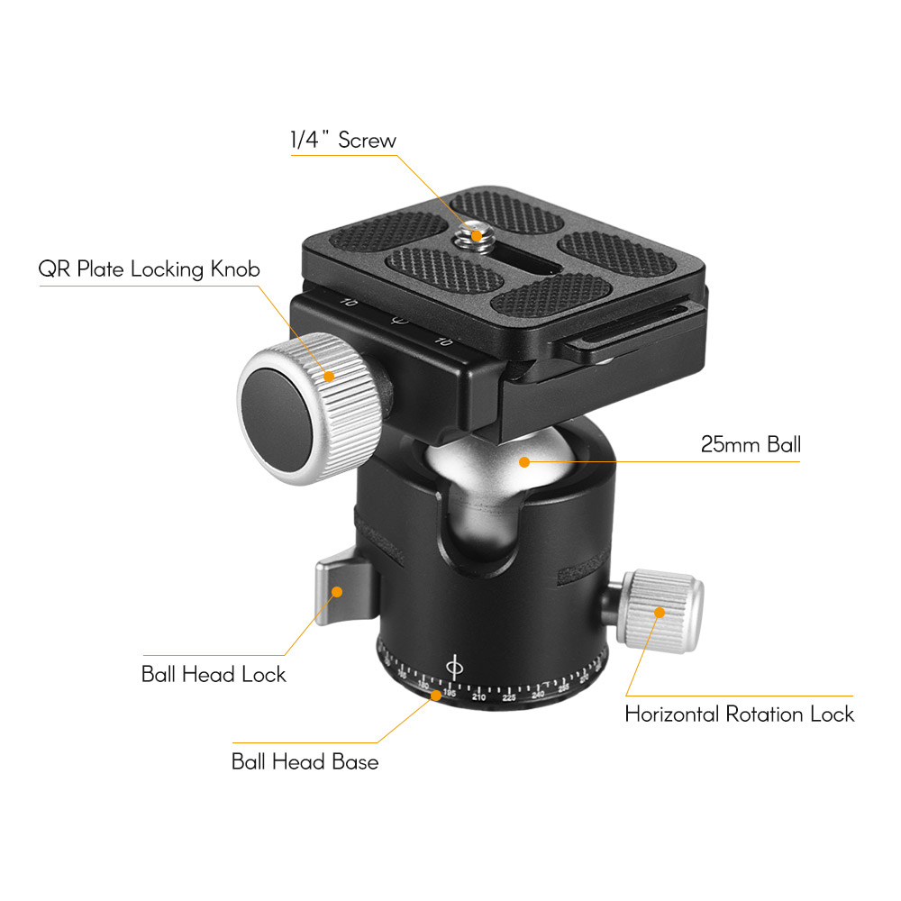 Andoer BK-25 statyw ze stopu aluminium głowica kulowa adapter robić montażu z 1/4 cala lub 3/8 cala śruba maksymalne obciążenie 15 kg/33lbs