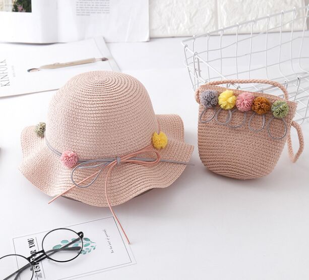 Chapeau et sacs en paille à fleurs pour enfants, ensemble deux pièces décontracté pour filles, sac à bandoulière + chapeau de soleil pour bébé, plage, panama, gorros: Style  E