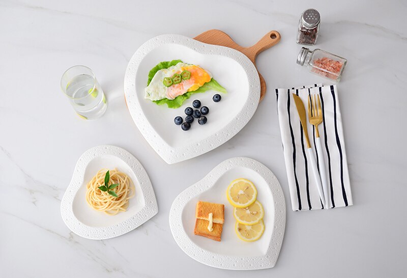 3pcs set, plain white embossed porcelain dinner plate sets, stone , wedding heart serving dish, dinnerware ceramic dishes