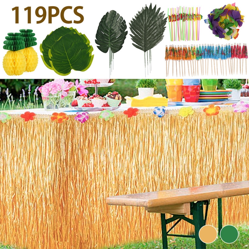 119pcs Summer Tropical Hawaiian Party Table Skirt Artificial Palm Leaves Flower Jungle Beach Theme Hawaii Party Decoration