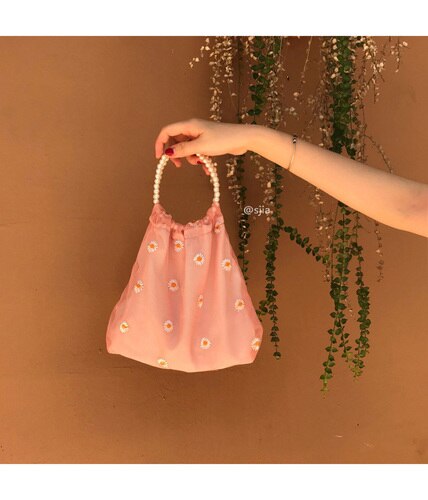 Mulheres rendas bordados sacos florais senhoras bolsa meninas moda nova flor grânulo bolsa tote ombro crossbody sacos pérola bolsa: Pink