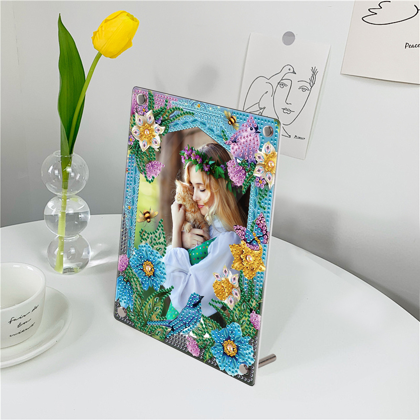 Diamond Art Schilderen Desktop Ornament Fotolijst Kit, bloemen Speciale vorm Kristal Acryl Fotolijst thuis Desktop Decor