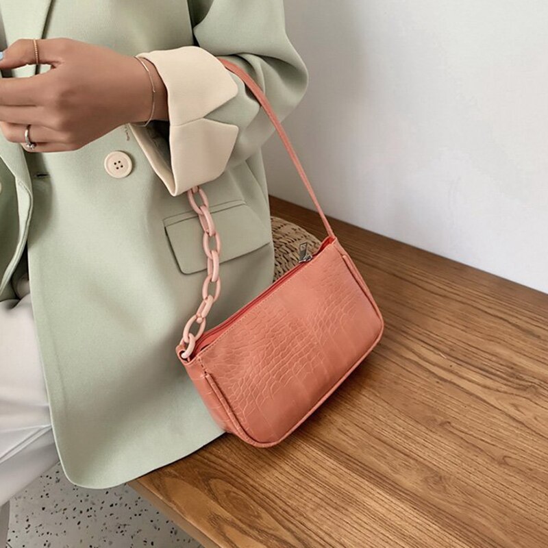 Bolso de mano Baguette con patrón de cocodrilo para mujer, cadena nueva, bolso de hombro pequeño, de bolsos de cuero,: Orange