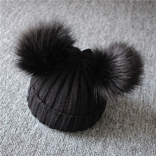 Hiver laine tricoté chapeau enfants infantile -né enfants bébé casquettes bonnet avec deux Double Pom Pom Beanie pour garçons fille 1-3 ans: Black