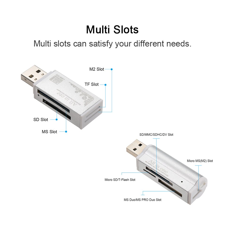 Memory Card Accessories Multi All in One Card Reader USB 2.0 Sliver Mini Adapter Portable Card Reader For SD/ Micro SD / TF Card