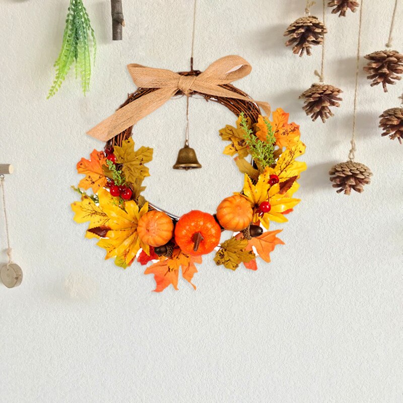 Herfst Leaf Pompoen Krans Met Bell Thanksgiving Halloween Voordeur Home Decor