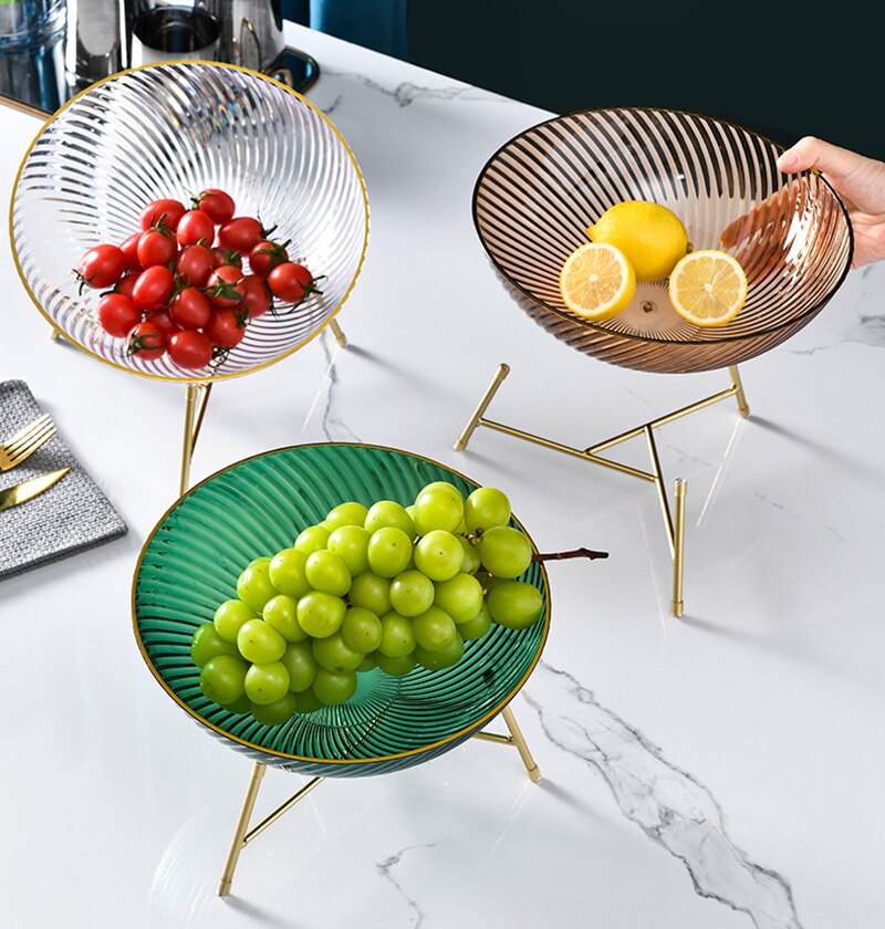 Cuencos de plástico para servir frutas, Bol redondo transparente para ensalada, plato de aperitivos con borde dorado, con estante de Metal, contenedor de comida para