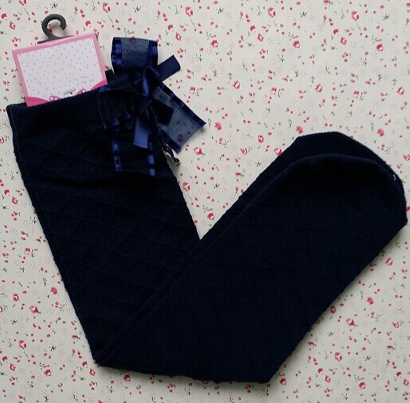 1 Pair Girls Socks Knee High Bowknot Plaid Style Children Kids Causal Elastic Socks Solid Colors For 2-8 Years Girls: navy