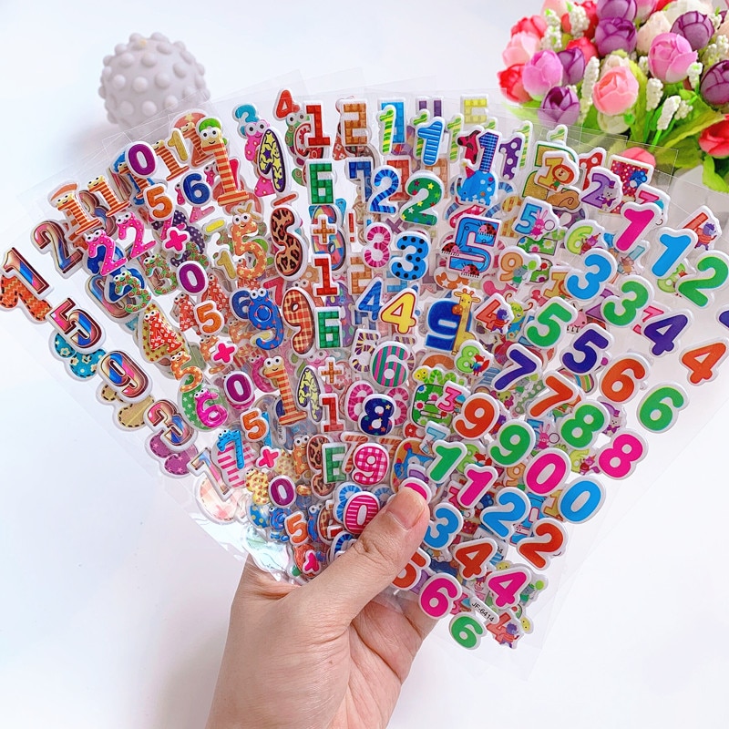 6 Sheets 3D Cartoon Stickers Waterproof Bubble PVC DIY Sticker Number Alphabet Girls Boys Kids Children GYH