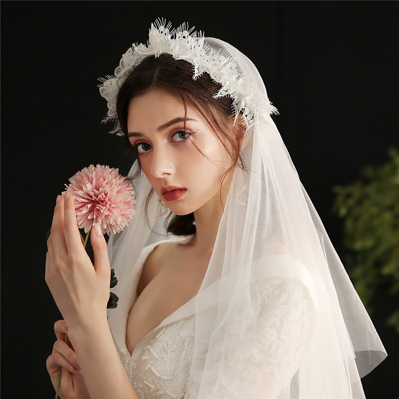 CC Veil Wedding Hair Accessories For Bridal Women Hairband Two Layer 100% Handmade Lace Luxury Marriage Accessories Veils V647