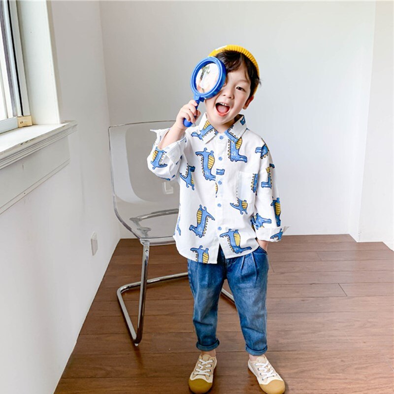 Voorjaar Mode Jongens Dinosaurus Print Lange Mouwen Kids Kraag Losse Casual Tops 1-6Y