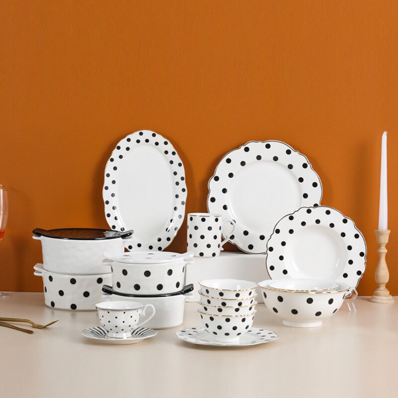 10inch Food Tray Gold Edge Dinnerware Set Polka Dot Dinner Plate Set Soup Dish Steak Flat Plate Flower Shape Breakfast Tableware