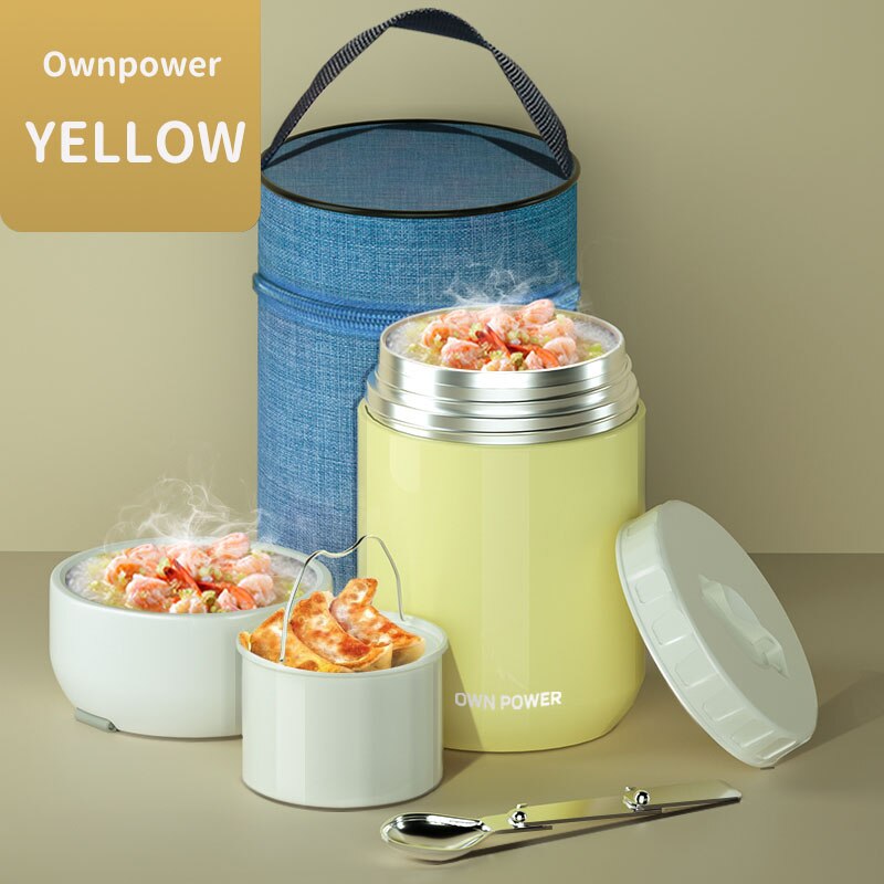 OWNPOWER termos na żywność, 1000ml/1200ml 316 pojemnik ze stali nierdzewnej biznes przenośny piknik, izolowane pudełko na obiad, makaron producent: żółty z torba / 1000 ml