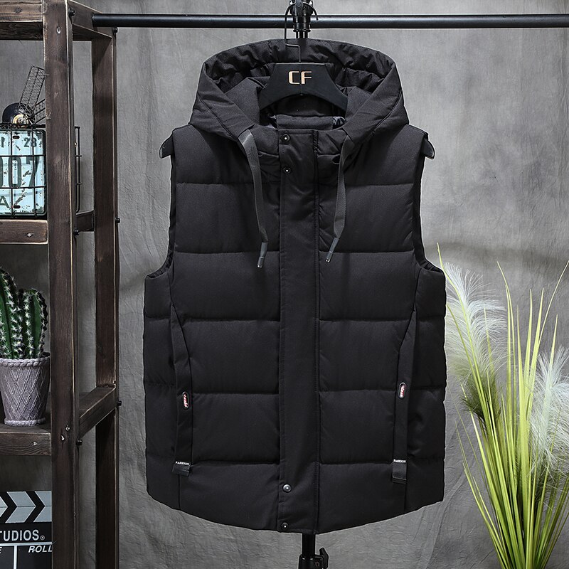 Mode mannen Hooded Vesten Winter Warm Mouwloze Jassen Mannen Jassen Solid Casual Vest Mannelijke Vesten