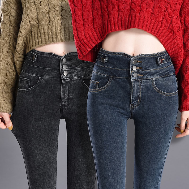 Elastische taille drierijige jeans dames hoge taille skinny koreaanse denim potloodbroek stretch jeans plus size