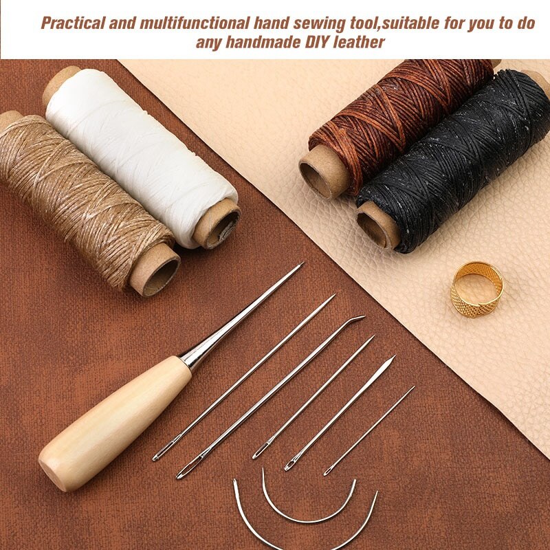 16Pcs/Set Leather Sewing Kit with Waxed Thread Leather Needle Sewing Awl Thimble Leather Working Tools for Shoemaker Canvas