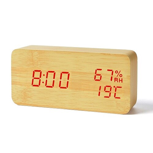 Suncree Wood Wooden LED Alarm Clock,Despertador Temperature Humidity Electronic Desktop Table Digital Clocks: bamboo red