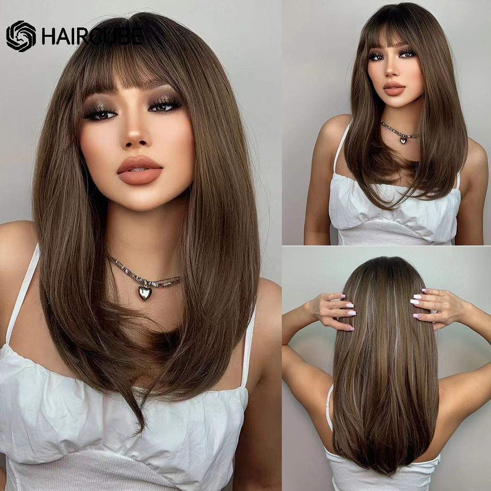HAIRCUBE Brown Highlight Synthetic Wigs Long Straight Wigs With Bangs for Women Natural Hair Cosplay Heat Resistant Fiber Wigs