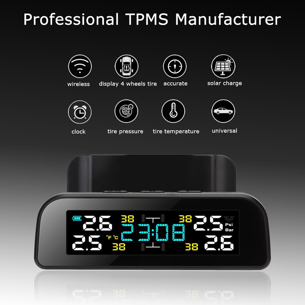 Solar Car TPMS Tire Pressure Monitoring System LCD Clock Time Display Auto Tyre Temperature Alarm With 4 Sensor