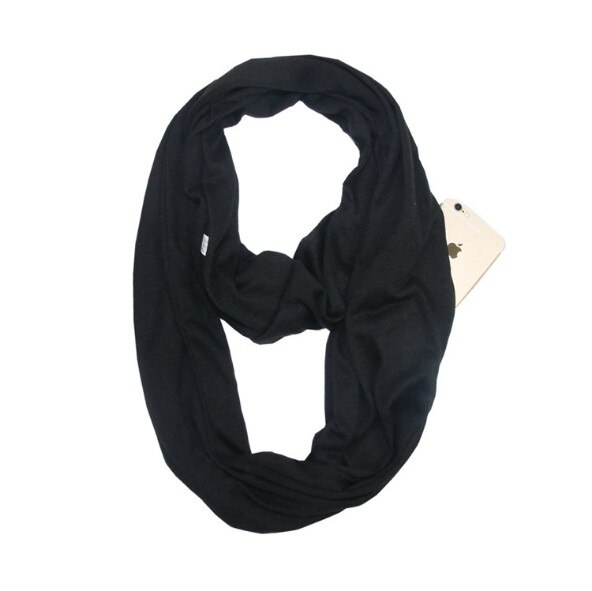 Dames infinity sjaal met opbergvak met rits - effen kleur: Zwart