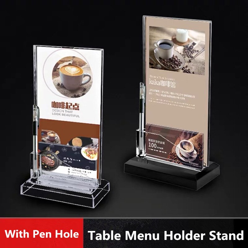 T Shaped Double-Sided Table Top Clear Acrylic Sign Holder Display Menu Paper Stand Ad Frame WIth Business Card Holder