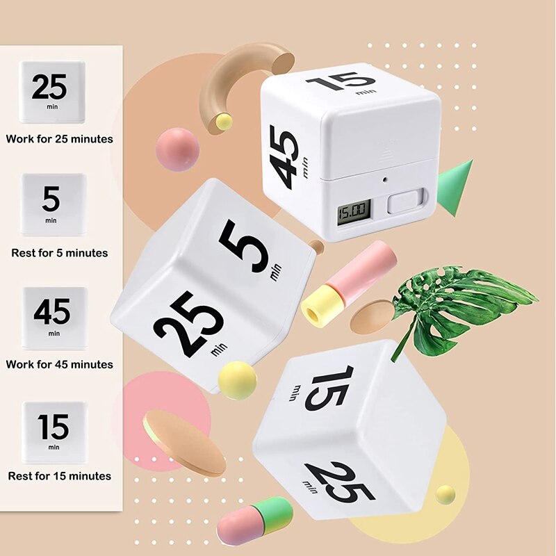 Cube Timer Kitchen Timer Time Management Timer Gravity Sensor Flip For Time Management And Countdown 25-5-45-15 Minutes