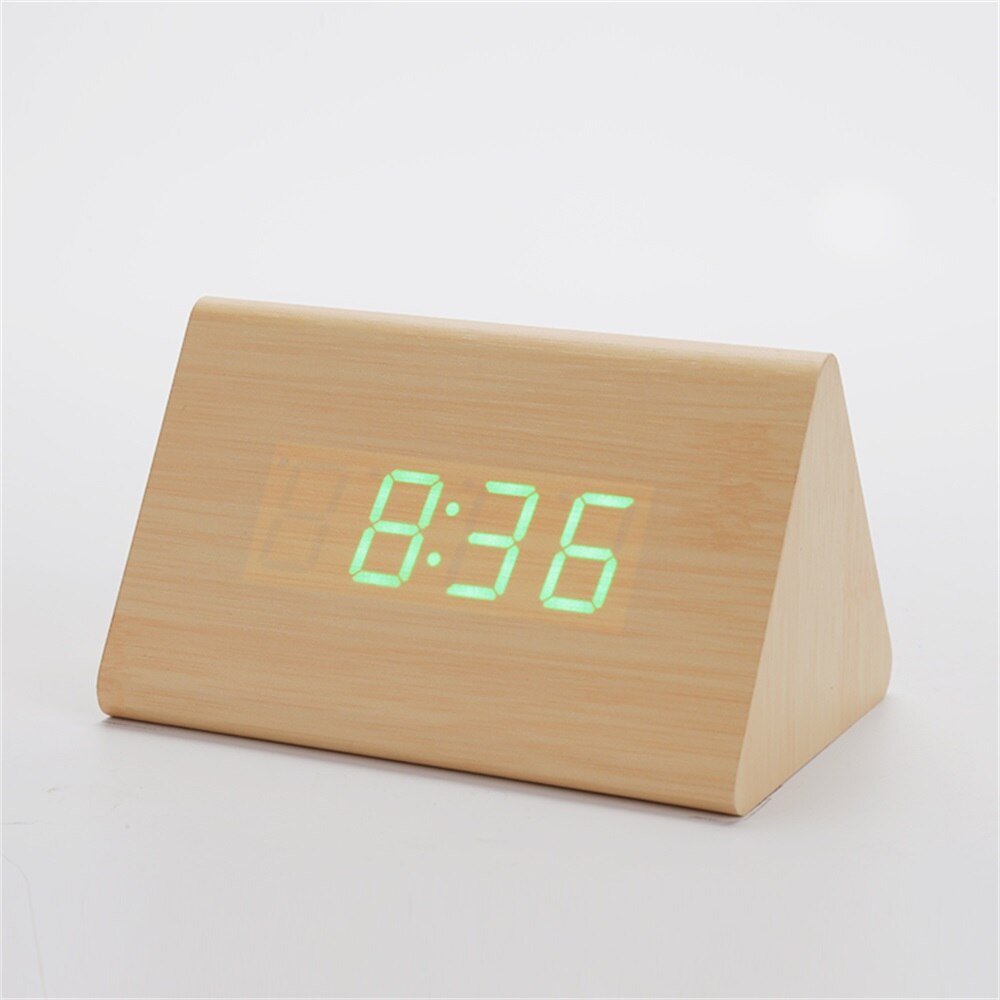Alarm Clock Wooden Desk Digital Clocks Sound Control Snooze Bamboo LED Clock Thermometer Home Decor Unique: Green