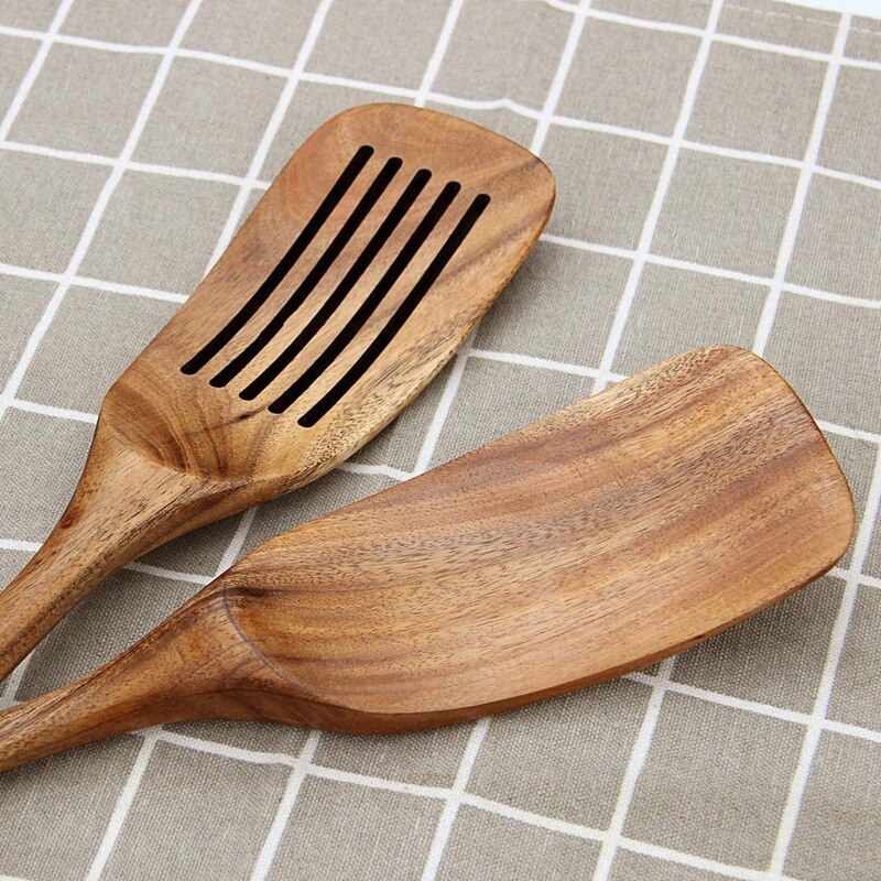 Houten spatel, houten wokspatel voor koken, handvat vierkante kop premium acacia houten keukenset