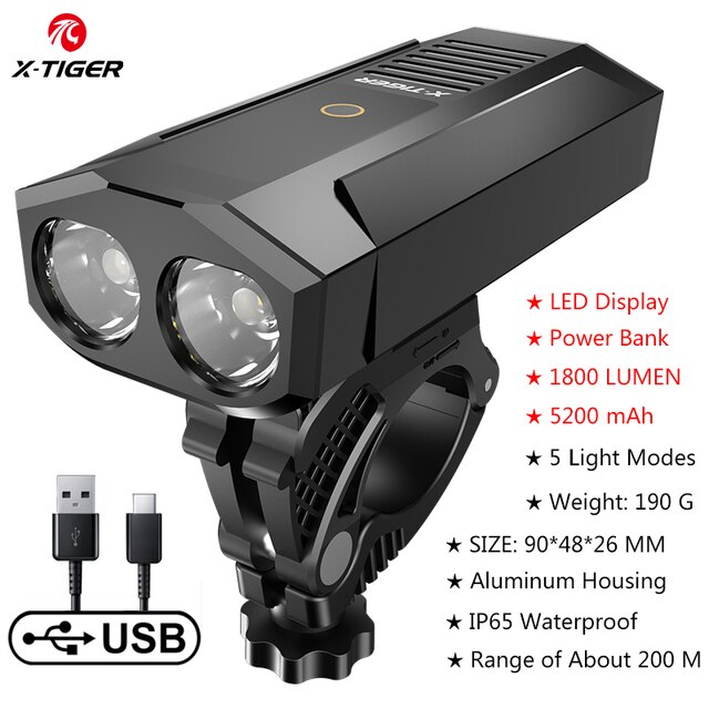 Juego de luces delanteras para bicicleta de X-TIGER, lámpara LED resistente al agua, recargable vía USB, 5200mAh: QD-1101