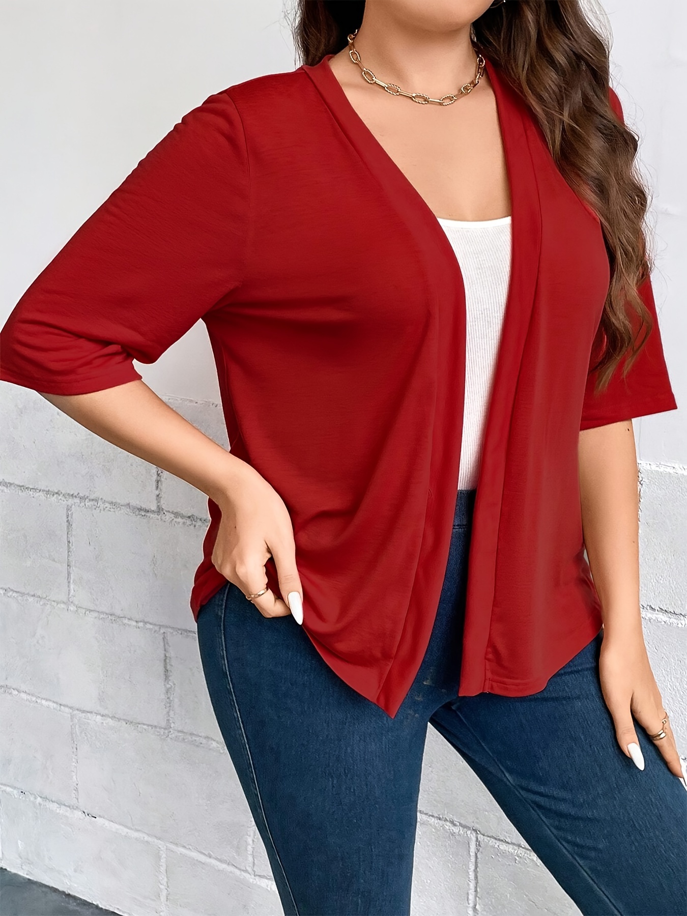 Blazer Drapé à Manches Trois-Quarts pour Documents, Veste Simple et Polyvalente, Couleur Unie, Grande Taille